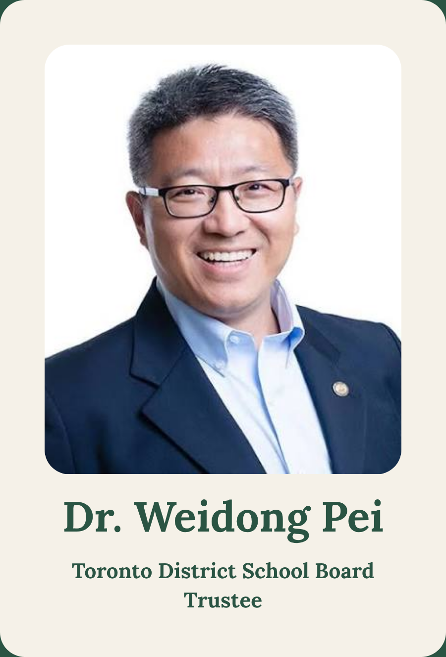 Dr. Weidong Pei, Toronto District School Board Trustee, endorsing Hayden Lai for York Region District School Board Trustee
