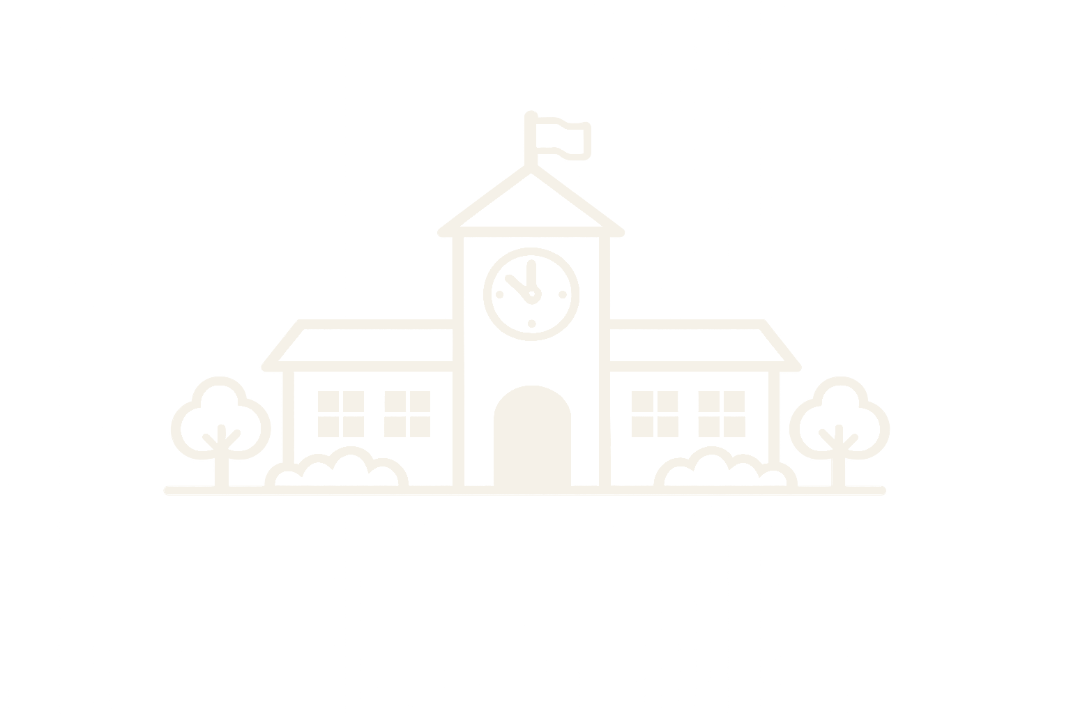 Line drawing of a school building with a central clock tower, trees, bushes, and a flag on top of the tower.