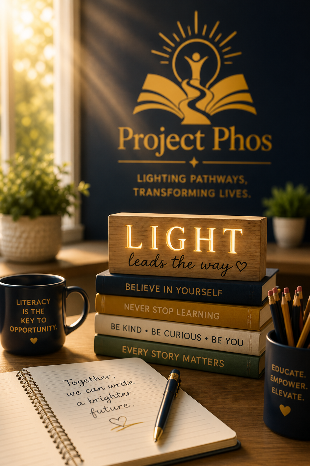 A desk with a stack of books, a mug with inspirational quotes, an open notebook with handwritten notes, a pen, and a decorative wooden sign that says 'Light leads the way.' The background features a banner with the logo 'Project Phos' and the slogan 'Lighting pathways, transforming lives' on a dark wall, with sunlight coming through a window.