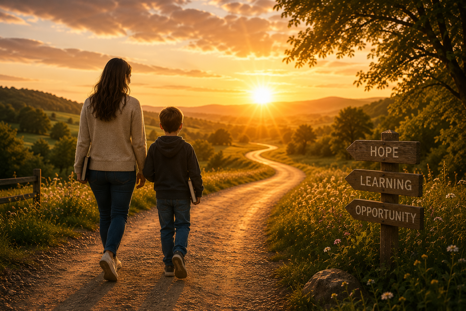 A woman and a young boy walking on a winding dirt path during sunset, holding hands, with a sign pointing to 'Hope,' 'Learning,' and 'Opportunity' on the side of the trail, surrounded by fields and trees.