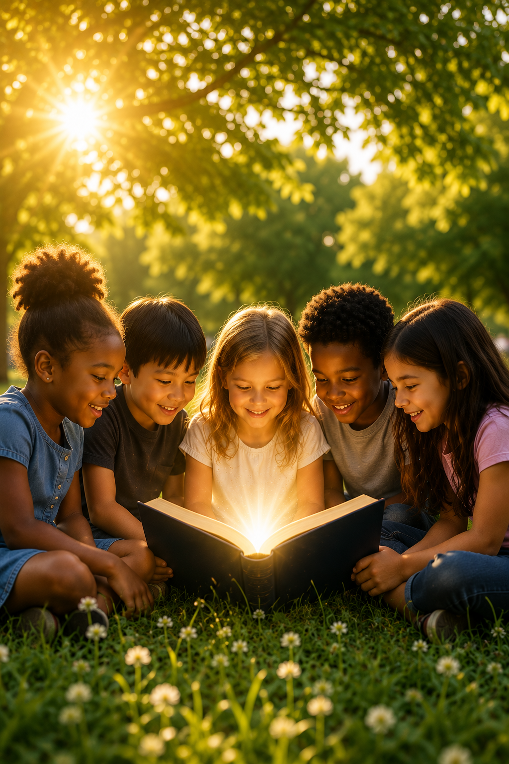 Six children sitting on grass outdoors, gathered around an open book with glowing light emanating from it, under a sunlit tree with green leaves.