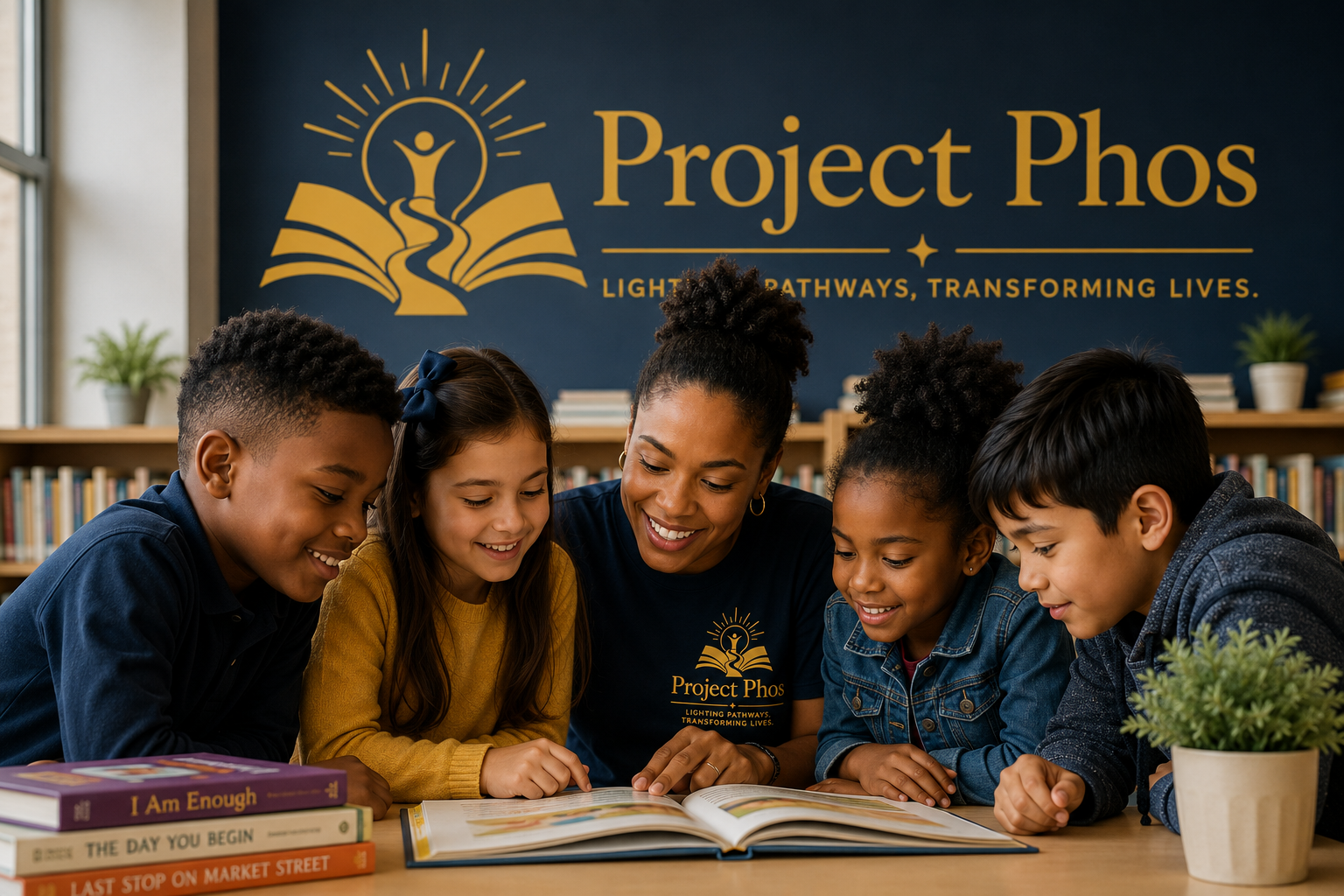 A woman and four children sitting at a table, smiling and reading a book together, in a library with a blue wall and bookshelf behind them, featuring a 'Project Phos' logo and slogan.