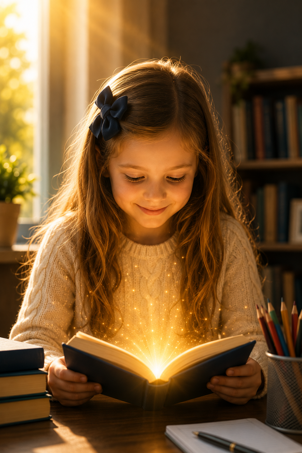 Young girl reading a book that emits a glowing light, sitting at a desk with stacked books and colored pencils in a cozy, sunlit room.