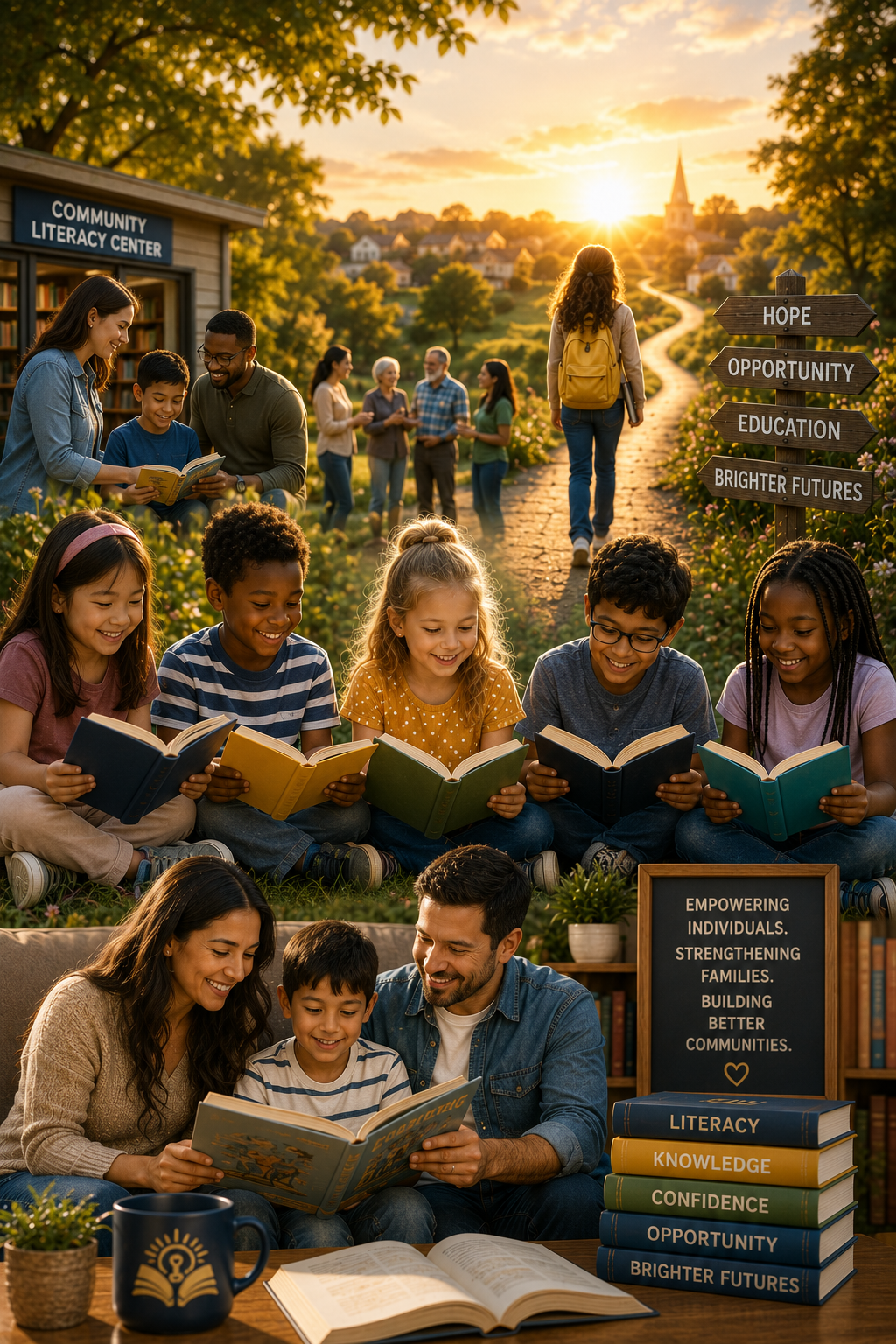 A group of children and adults reading books outdoors and inside a community center, with a signpost showing hopes for 'Hope', 'Opportunity', 'Education', and 'Brighter Futures'.