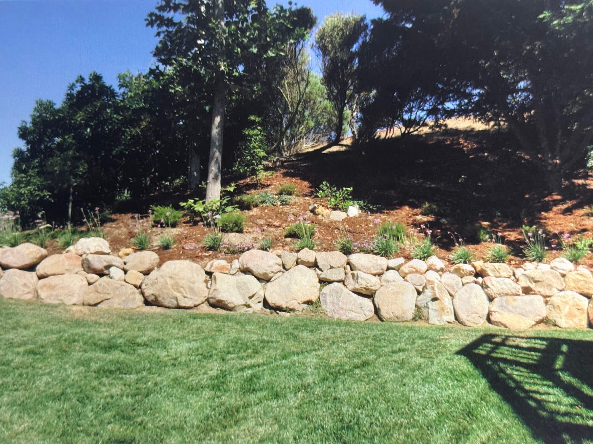 A landscaped backyard yard with a stone wall, green grass in foreground, and a hillside with trees and bushes in the background. The sky is clear and blue.