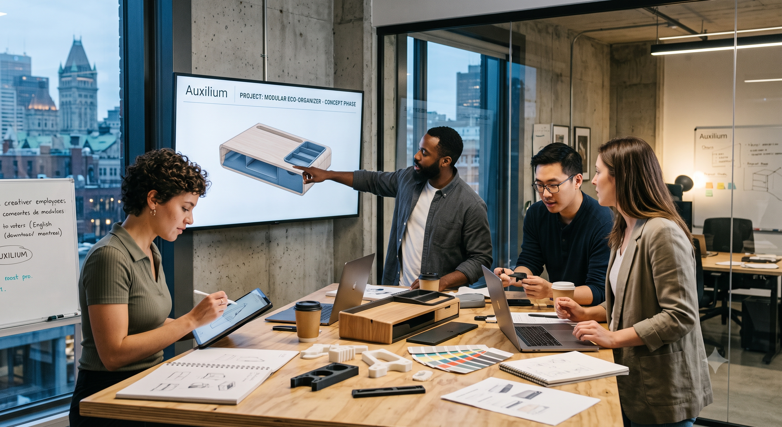 Groupe de quatre personnes en réunion dans une salle de conférence moderne avec vue urbaine. Une personne présente un diagramme pour un projet de mobilier écologique modulaire nommé "Auxilium".