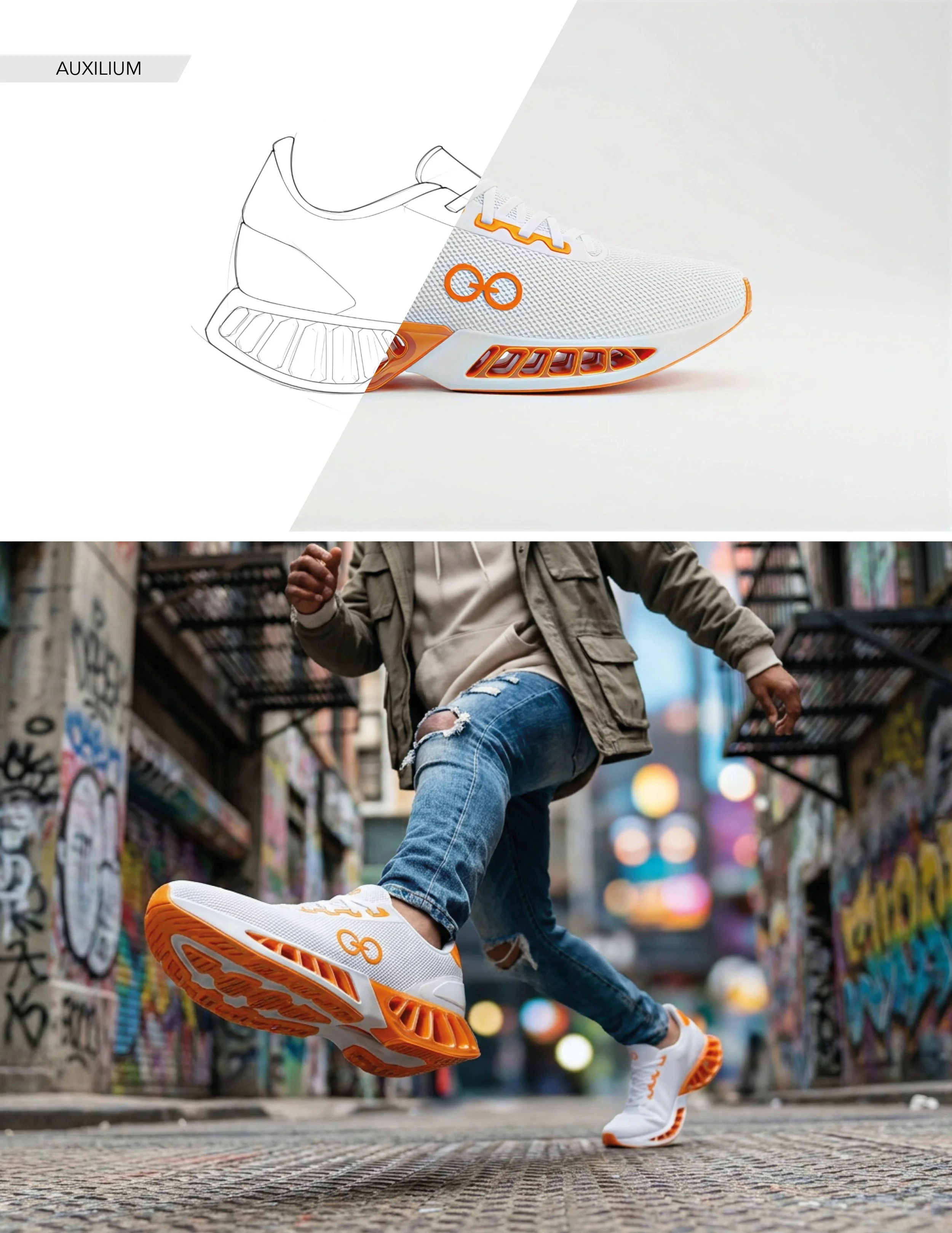 Génération d'un concept de chaussure à partir d'un sketch à la main, puis mise en contexte avec un modèle dans un environnement urbain.