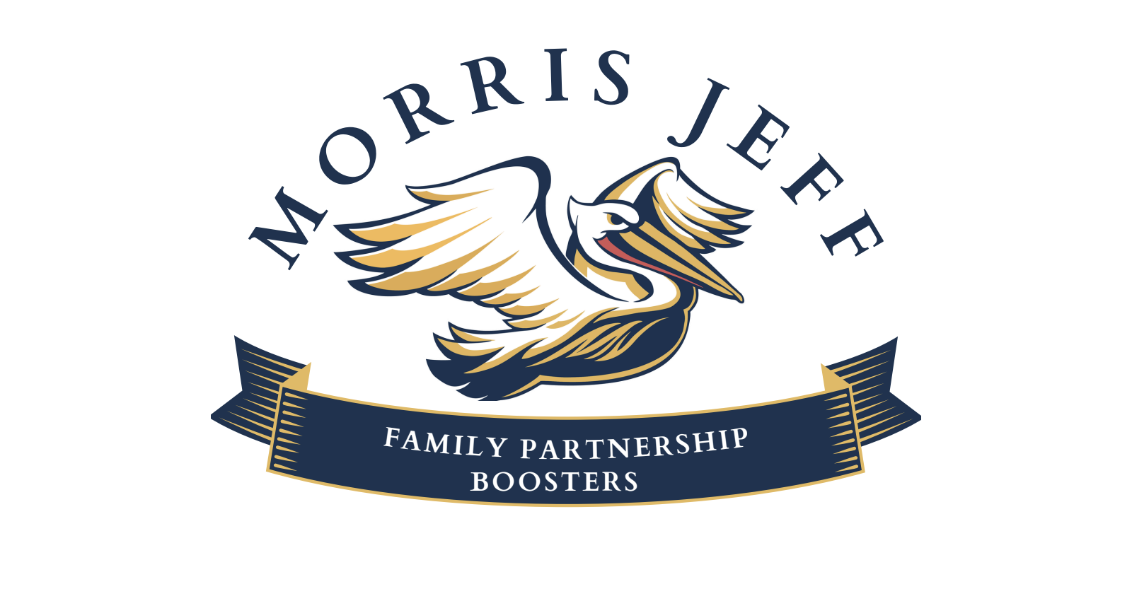 Logo featuring a stylized pelican with outstretched wings and a long beak, with the text "MORRIS JEE" arranged in a circle above. A banner below reads "FAMILY PARTNERSHIP BOOSTERS" in white letters on a navy and gold background.