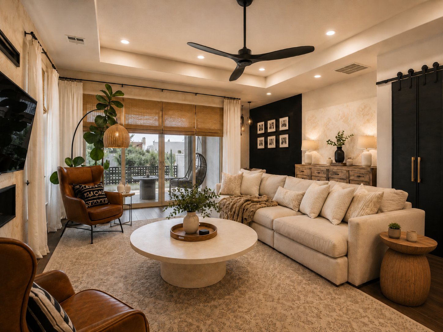 Warm neutrals, natural texture, grounding dark accents, and generous seating create a relaxed gathering space designed for connection and everyday comfort.
