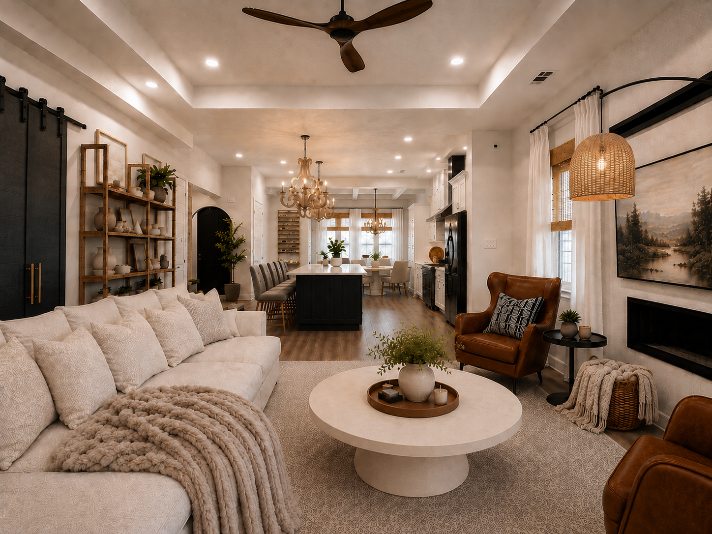 A layered neutral palette, warm woods, and deeper espresso and black accents create a natural sense of continuity across the home’s open living, kitchen, and dining spaces.