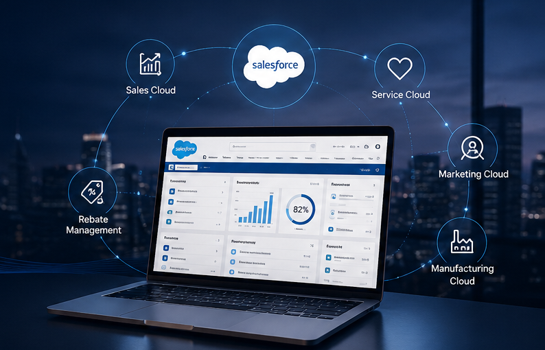Tela de computador exibindo painel do Salesforce com gráficos e indicadores, cercada por ícones representando diferentes Clouds como Sales, Service, Marketing, Manufacturing, Rebates, conectados a uma cidade de skyline ao fundo à noite.