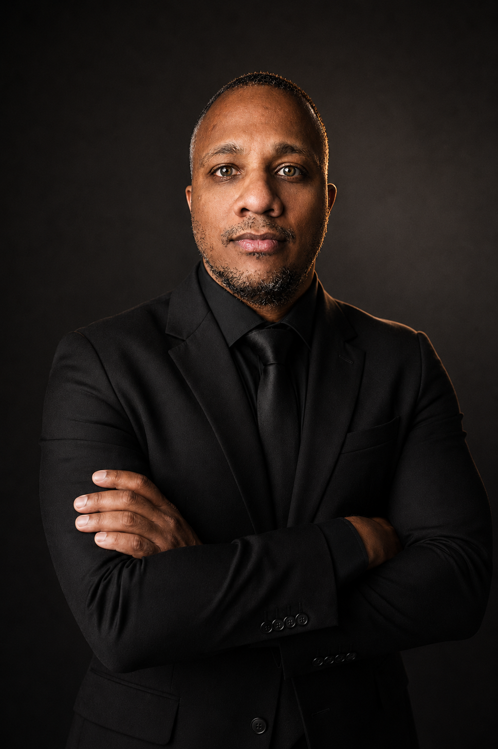 Homem negro elegante com terno preto e gravata escura em fundo escuro, braços cruzados, olhando para a câmera com expressão séria.
