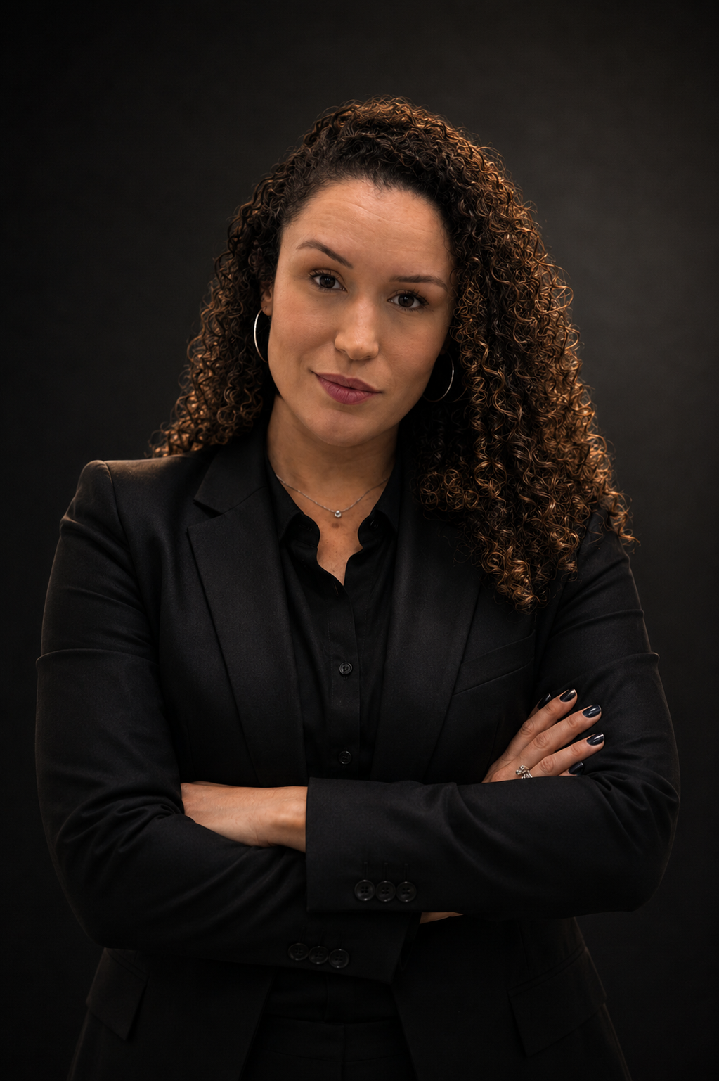 Mulher com cabelo cacheado, vestindo terno preto, com braços cruzados, postura confiante, fundo preto.