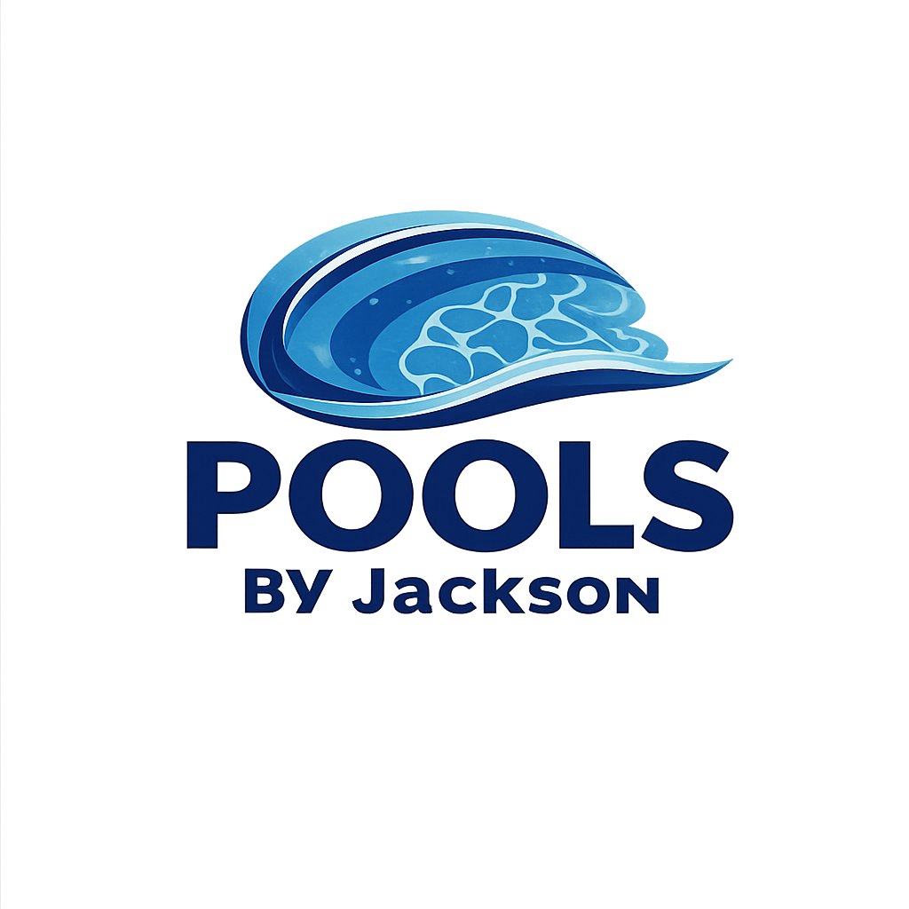 Logo for 'Pools by Jackson' featuring a stylized blue water droplet with water ripple design.