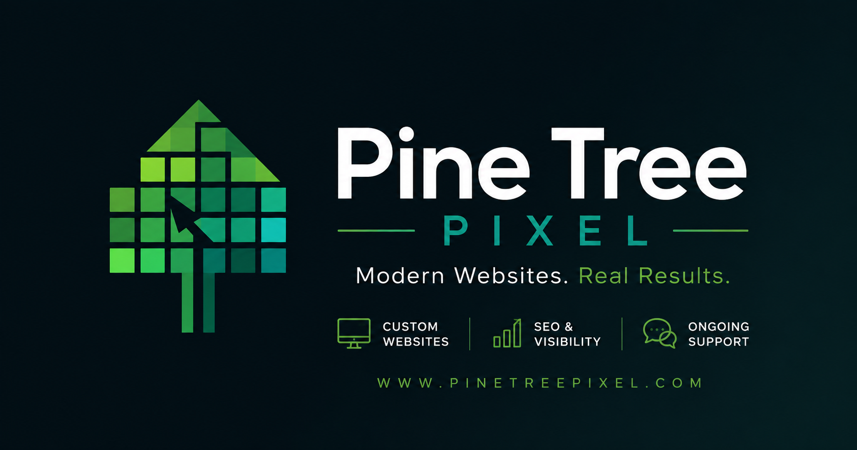 Logo and advertisement for Pine Tree Pixel, a web development company. Features a stylized green pine tree composed of pixel squares with an upward arrow, and text highlighting services like custom websites, SEO, visibility, and ongoing support. Website URL: www.pinetreepixel.com.