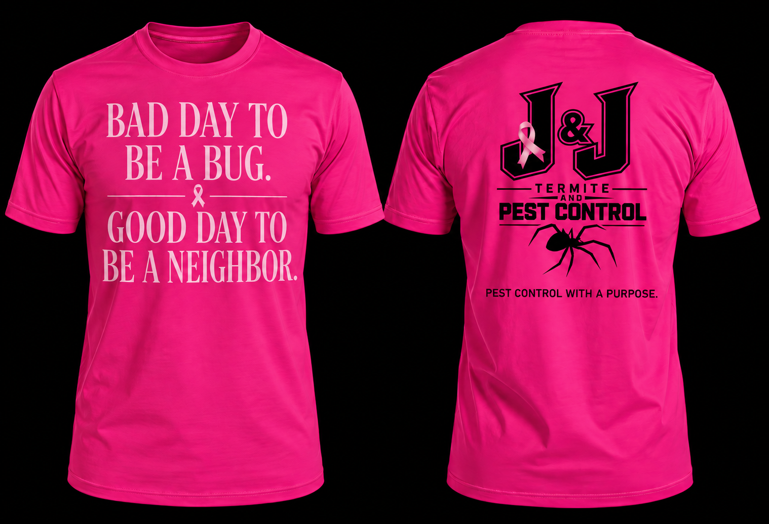 Pink T-shirt with white text on the front that says, "Bad day to be a bug. Good day to be a neighbor." Back of the T-shirt says, "J & J Termite and Pest Control" with a logo of an insect and a pink ribbon, and the phrase, "Pest control with a purpose."