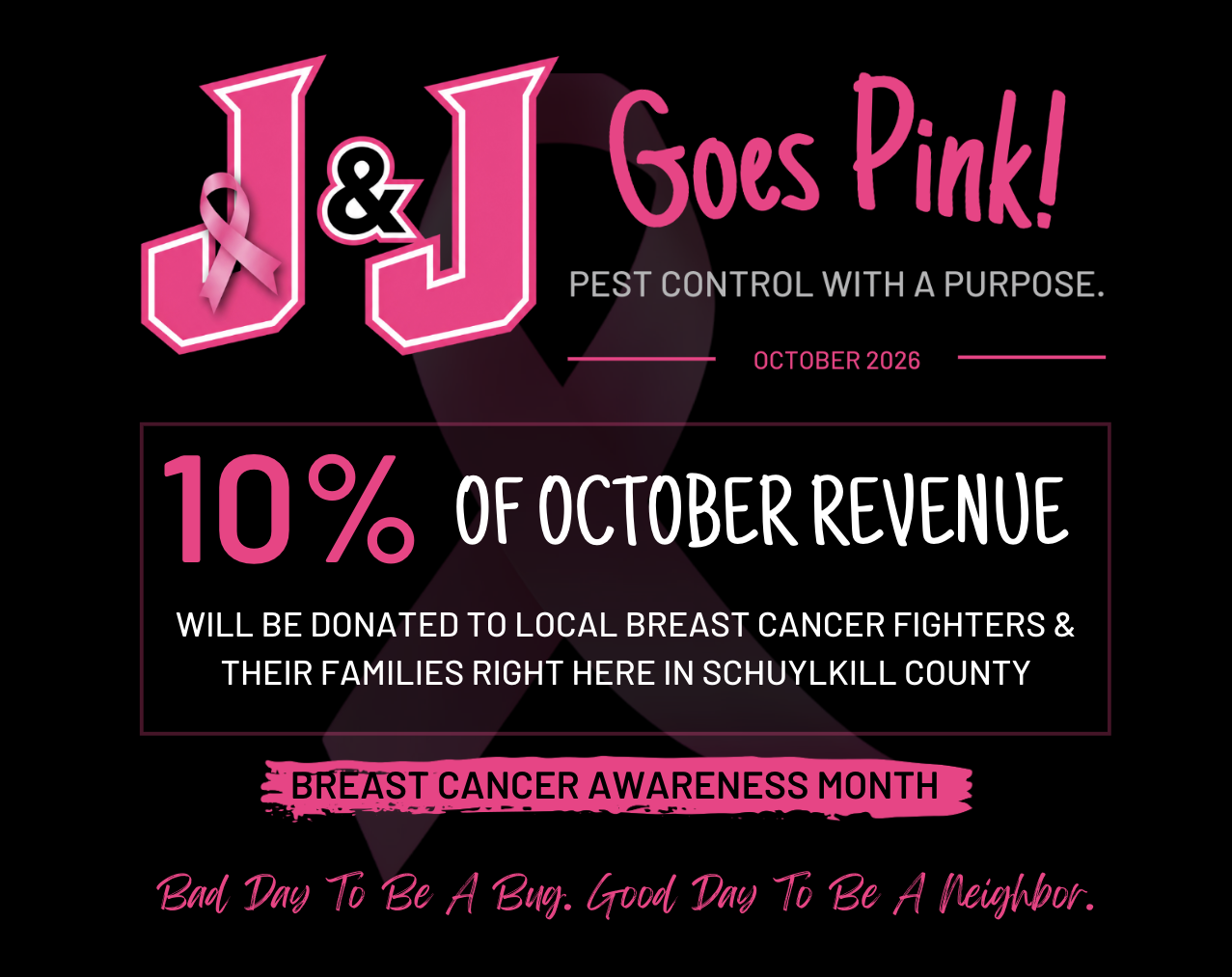 Pink and black promotional graphic for breast cancer awareness month in October 2026, highlighting that 10% of October revenue from J&J will be donated to local breast cancer fighters and their families in Schuylkill County.