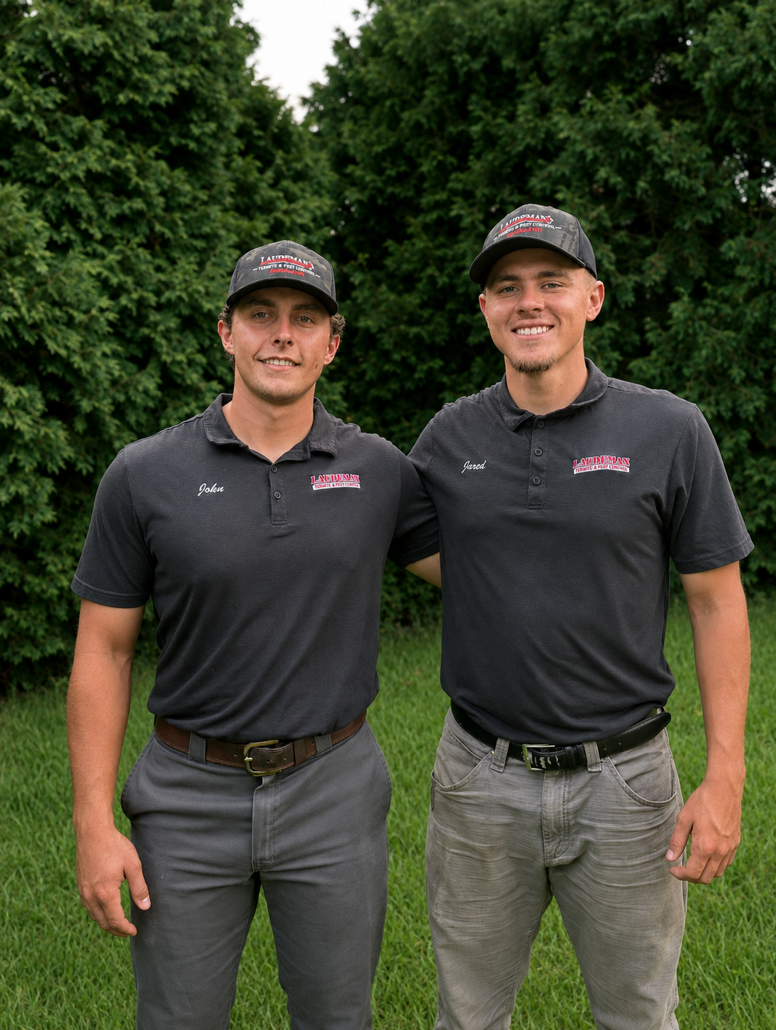 Two young men standing outdoors, smiling, wearing black polo shirts and caps with the company logo, with lush green trees in the background.