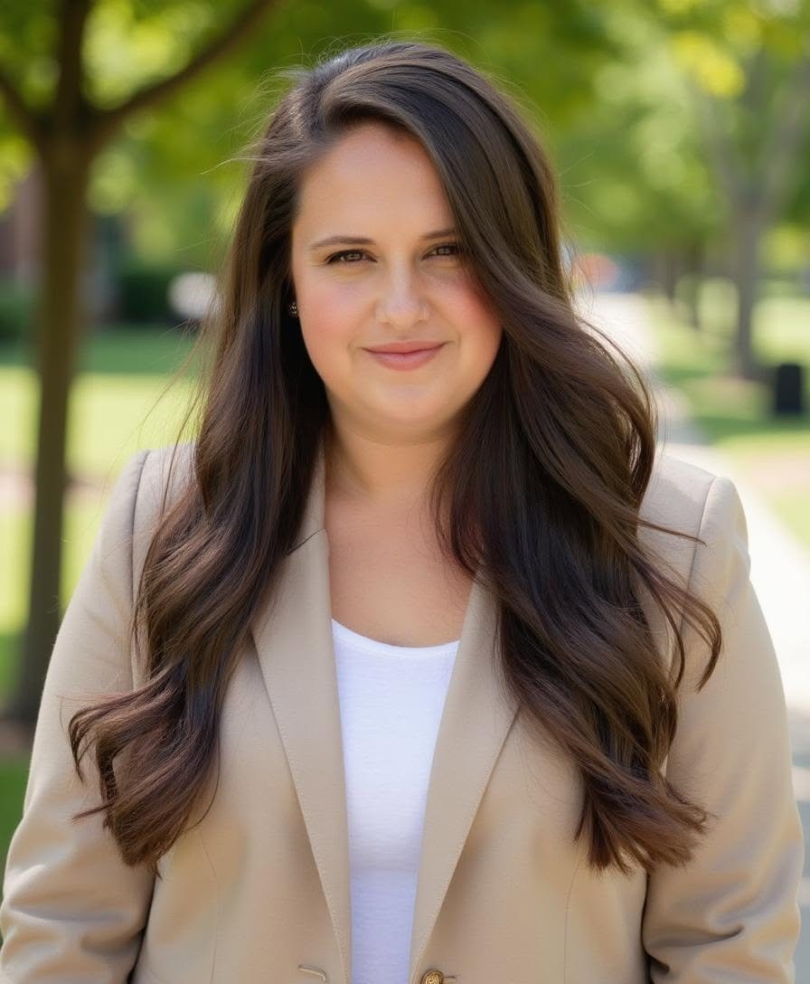 A woman with long, wavy brown hair smiling outdoors in a park with green trees in the background. She is wearing a beige blazer over a white top.