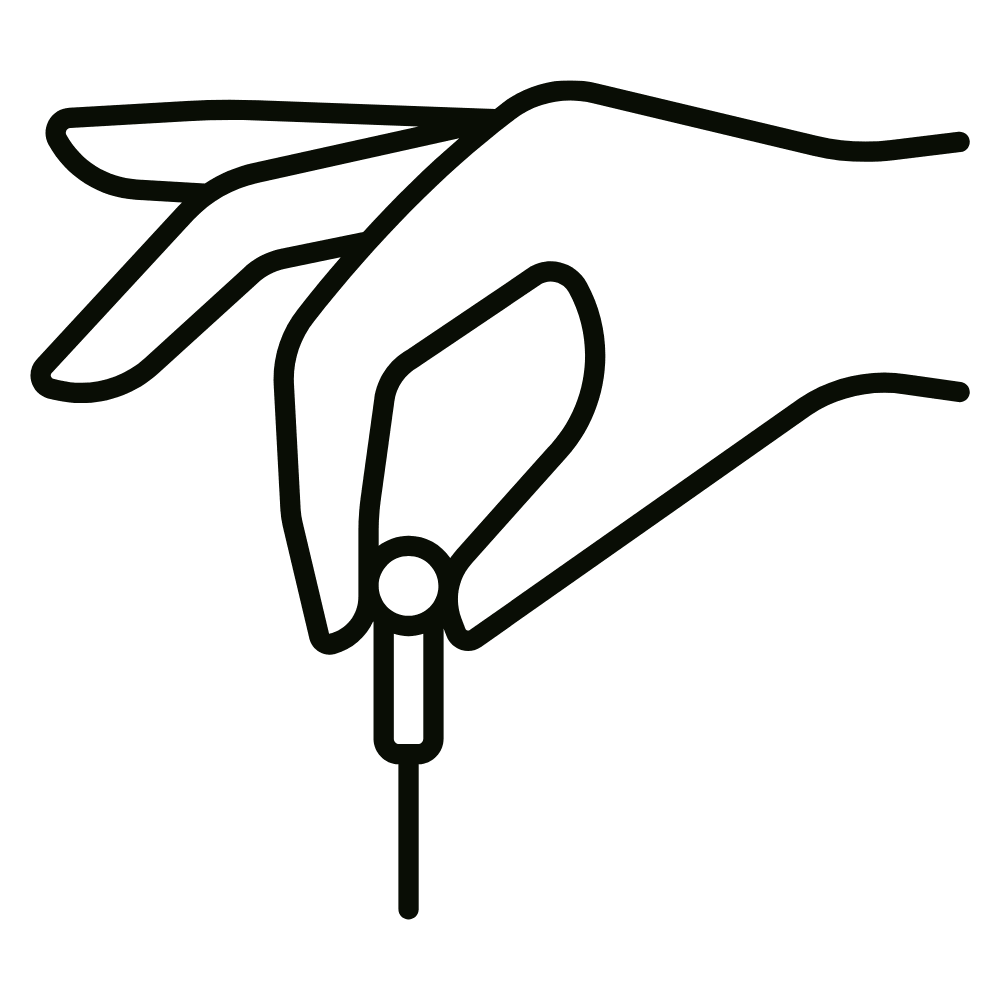 Outline drawing of a hand holding a pen, writing or sketching.