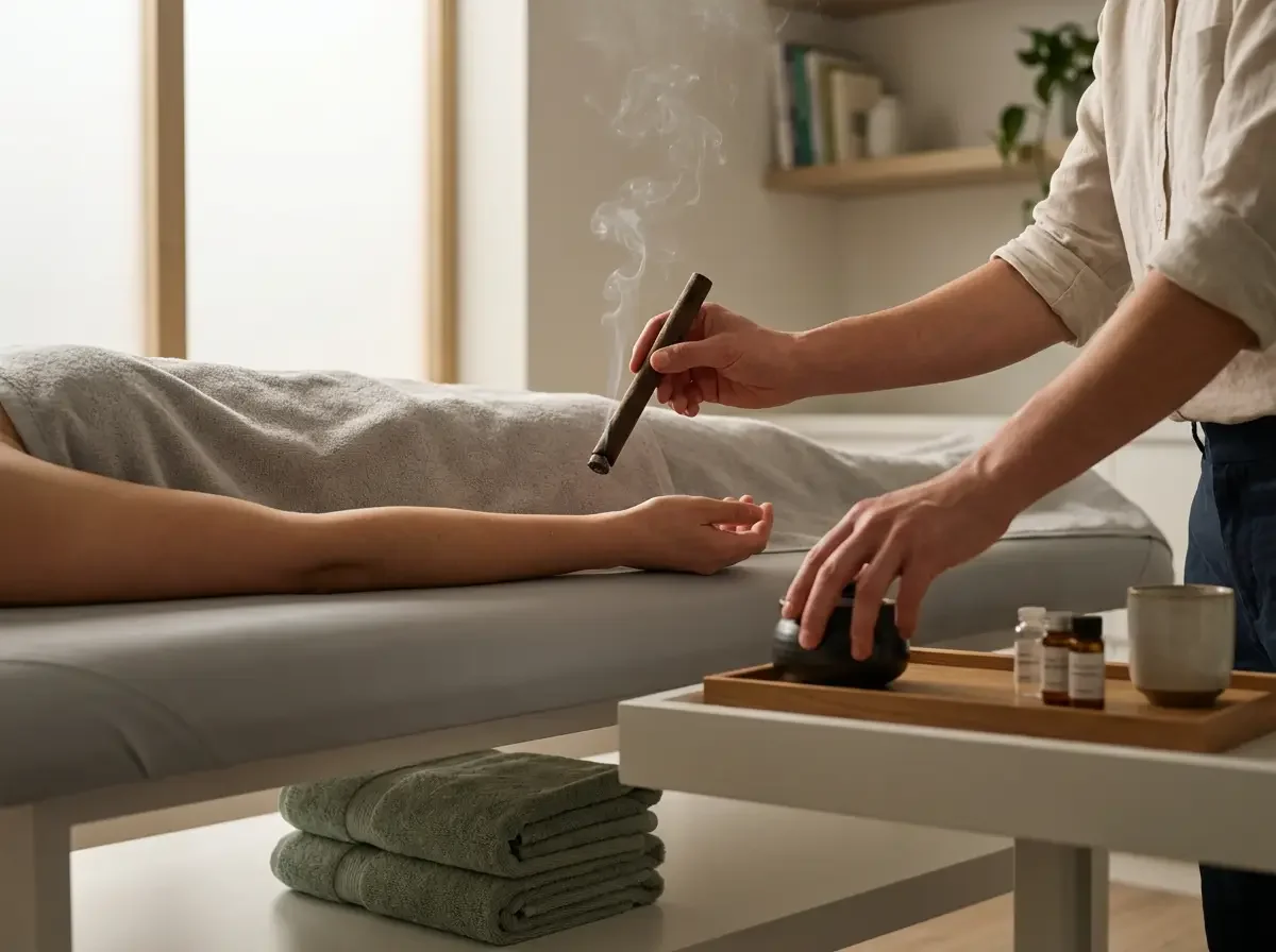 Person receiving an acupuncture treatment with aromatic steam at New Heights Acupuncture and Chinese Medicine in Houston, Texas.