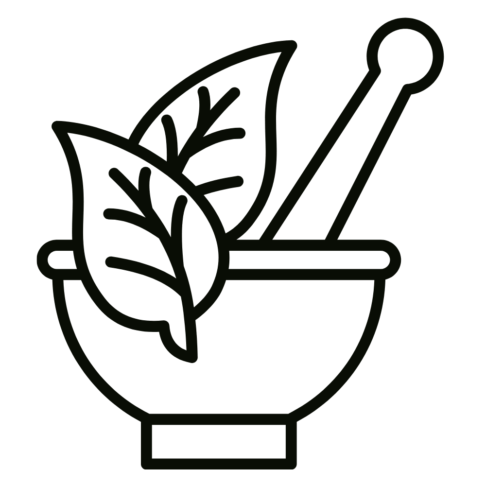 Line drawing of a mortar and pestle with leaves and herbs.