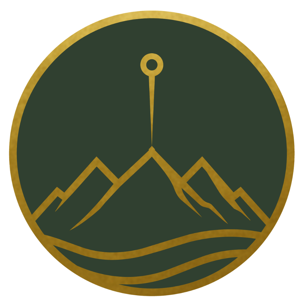 Gold and dark green circular emblem featuring mountains, a winding river, and a compass pointing upward.