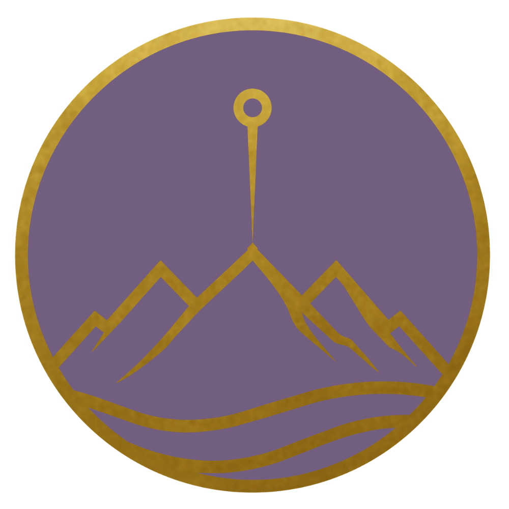 A circular logo with a purple background, gold border, and a gold mountain range with three peaks. A stylized upward arrow is positioned centrally above the mountains, and two wavy lines are at the bottom of the logo.