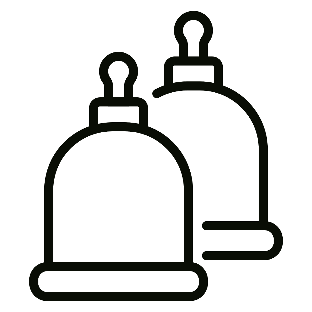 Outline drawing of two soap dispensers, one slightly behind the other, with pump tops.