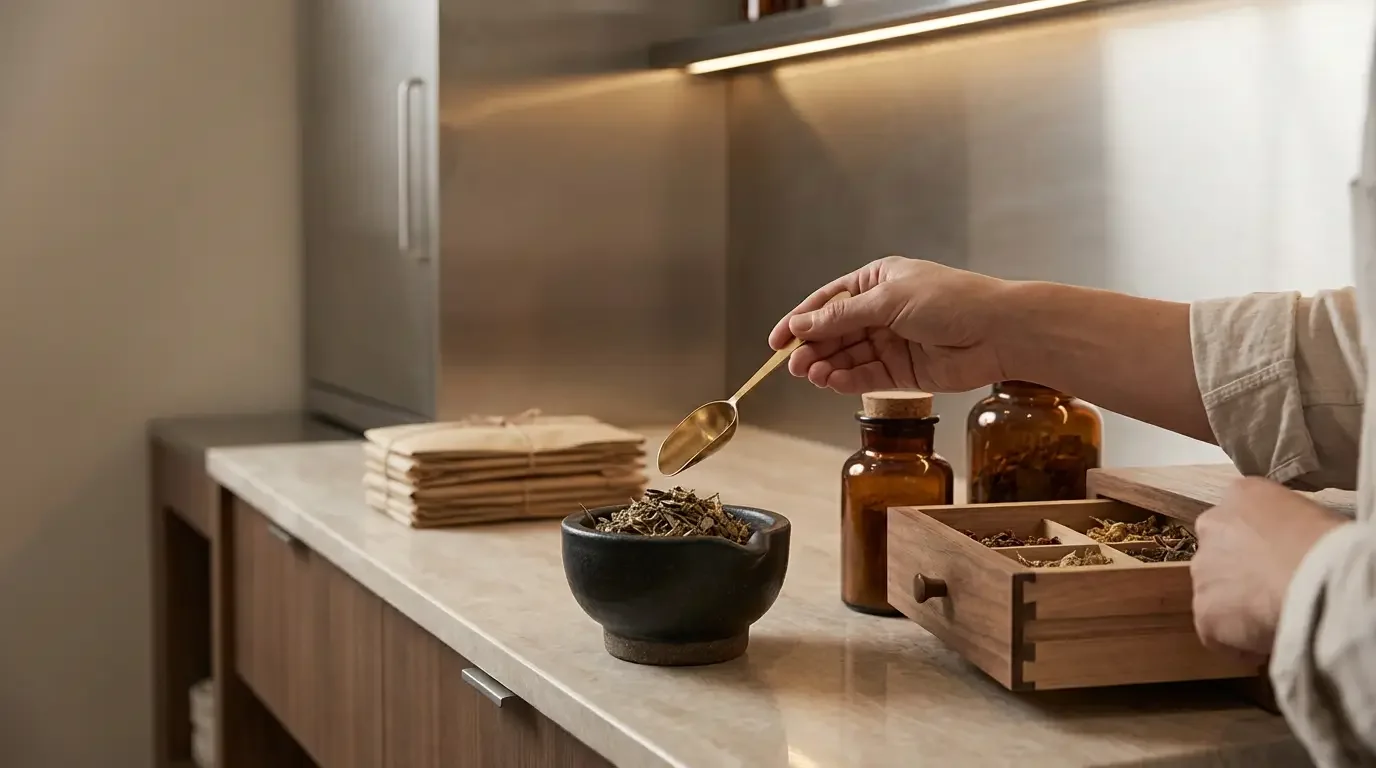 Person pouring dried herbs from a small spoon into a black bowl as part of a herbal medicine appointment at New Heights Acupuncture and Chinese Medicine in Houston, Texas.