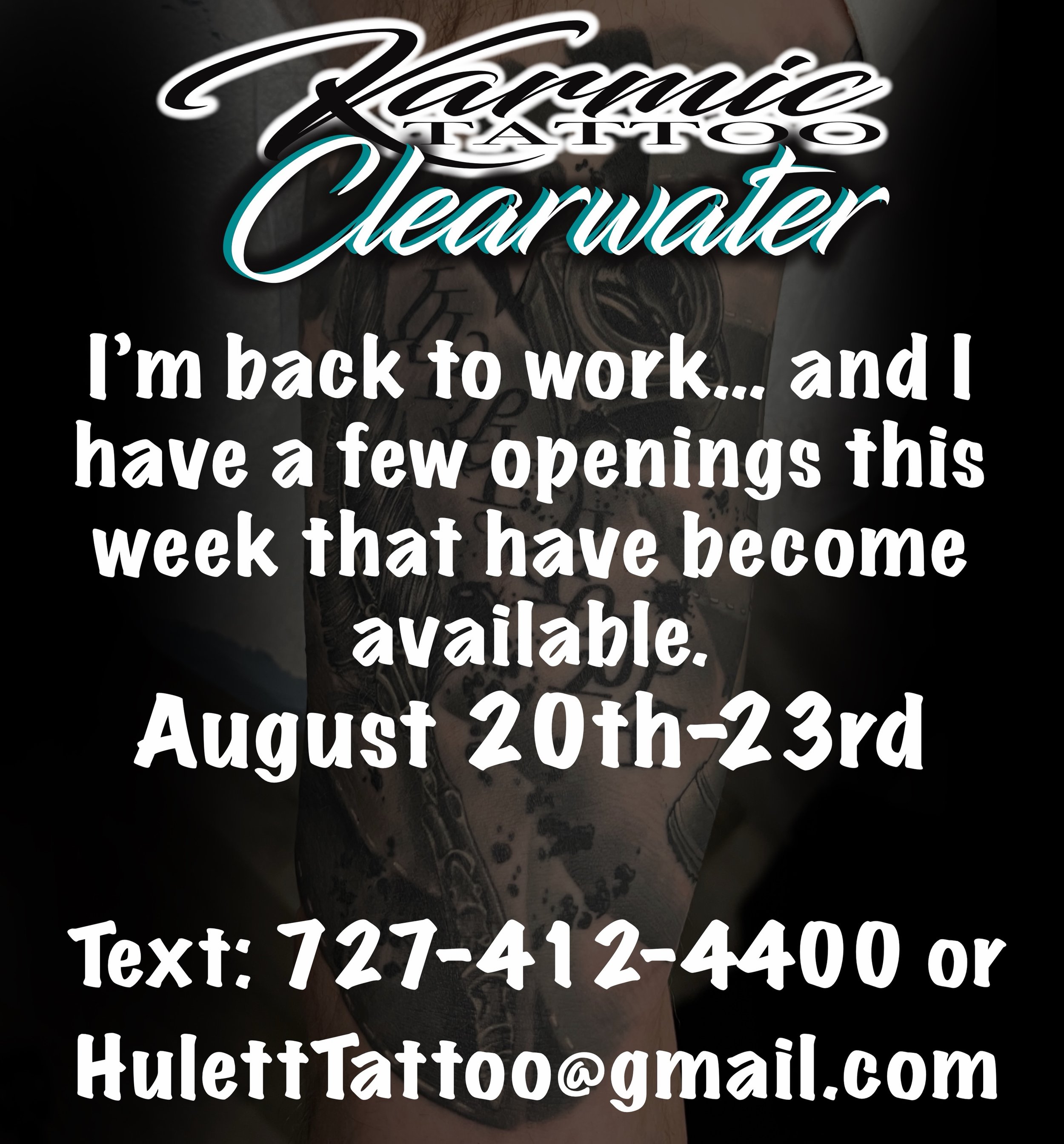 Time to get that appointment now that I&rsquo;m back from taking time off. A few spots left for this week, let me know what spot you would like to get in. @huletttattoo @karmic_tattoo_clearwater