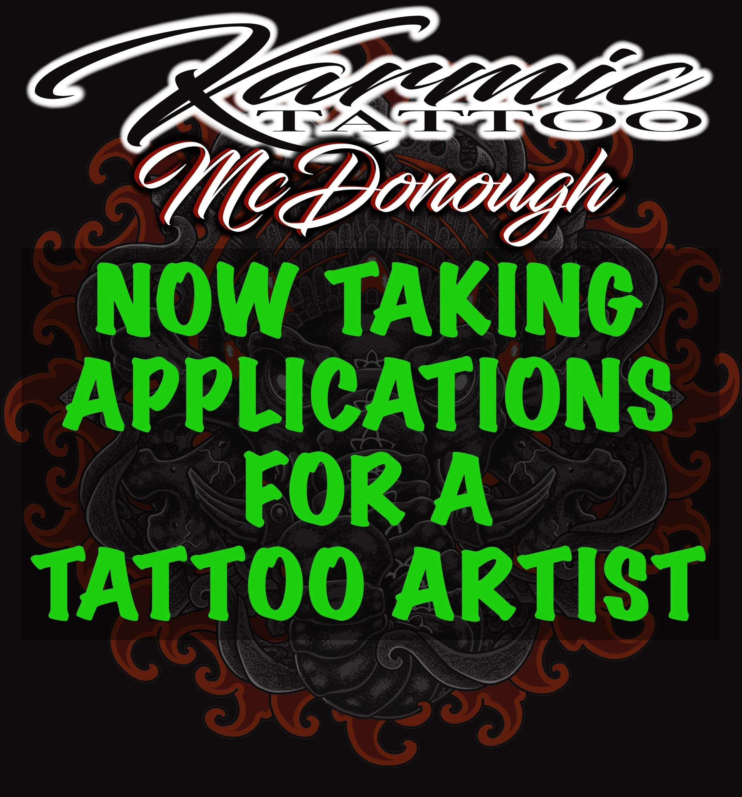 Officially taking applications for a new artist for the Georgia location. This is for a tattoo artist position, no apprenticeships at this time. I&rsquo;ll be setting up interviews starting this week. Email or DM to submit applications and any questi
