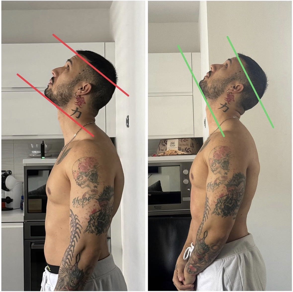 Immagine divisa in due parti, mostra un uomo con tatuaggi, che esegue un esercizio di stretching del collo. La parte sinistra ha linee rosse diagonali che indicano un'angolazione troppo inclinata, mentre la parte destra ha linee verdi che indicano una postura corretta, con la testa allineata con la colonna vertebrale.