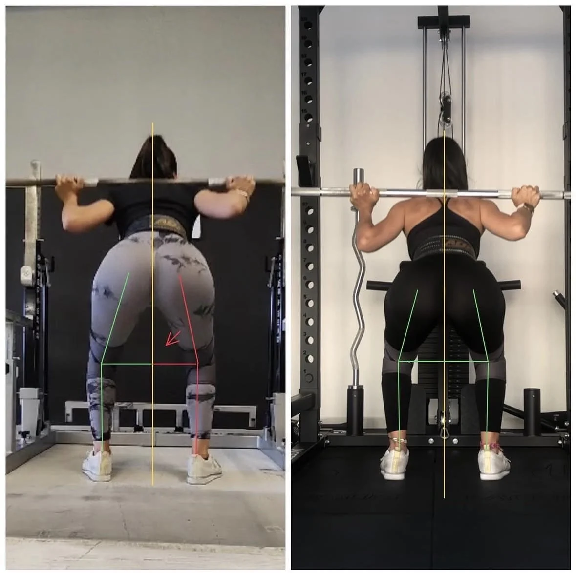 Due immagini che mostrano donne che fanno squat con barre, evidenziando la postura corretta e le linee guida per l'esecuzione.