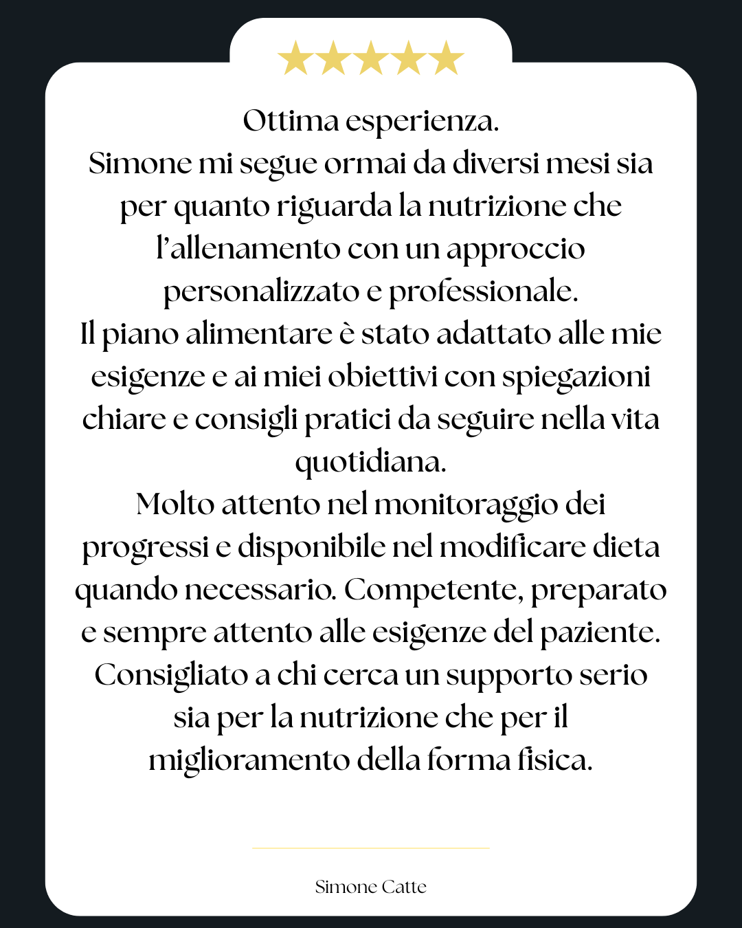 Recensione positiva per Simone, un professionista competente e attento alla nutrizione e all'allenamento personalizzato, con consigli pratici per la vita quotidiana e il monitoraggio dei progressi.