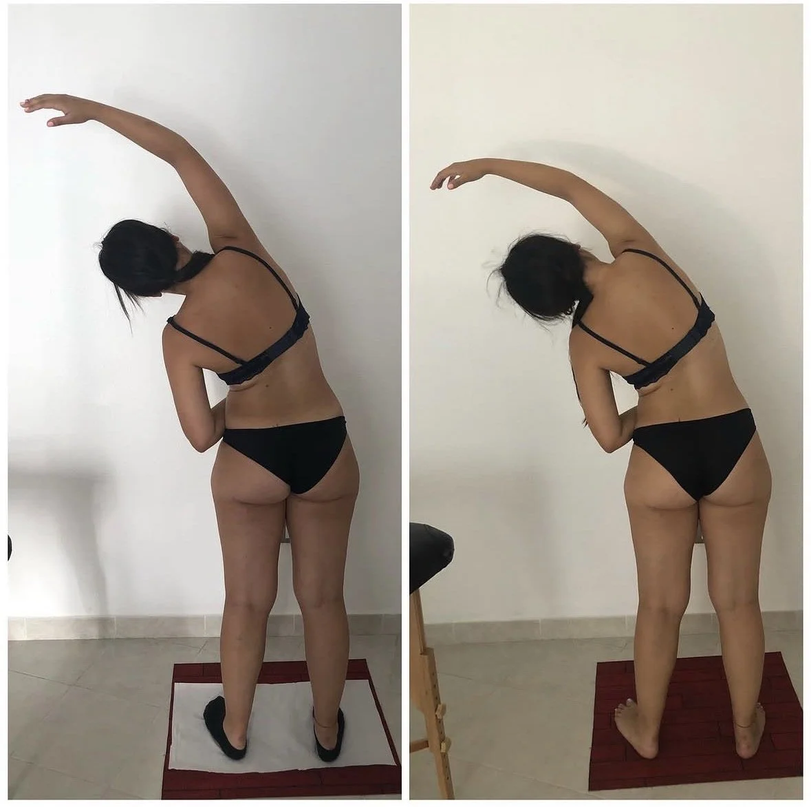 Una donna in biancheria intima che si stira, mostrata in due pose diverse contro un muro bianco, una su un tappetino bianco e l'altra su un tappetino rosso.