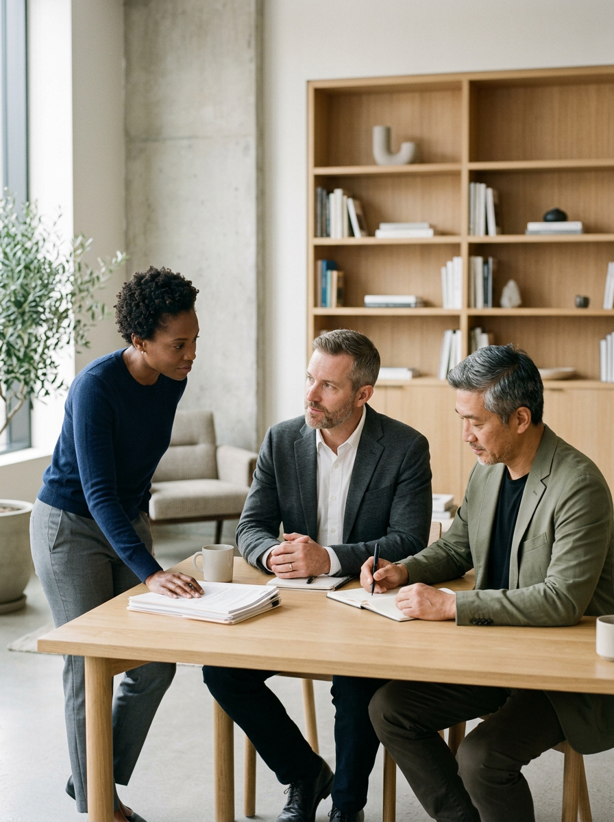 Three professionals having a meeting in an office, with two men seated at the table and a woman standing and talking to them.