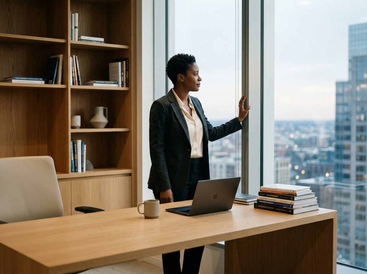 A woman in business attire standing by a large window in an office, looking out at a city skyline with tall buildings.