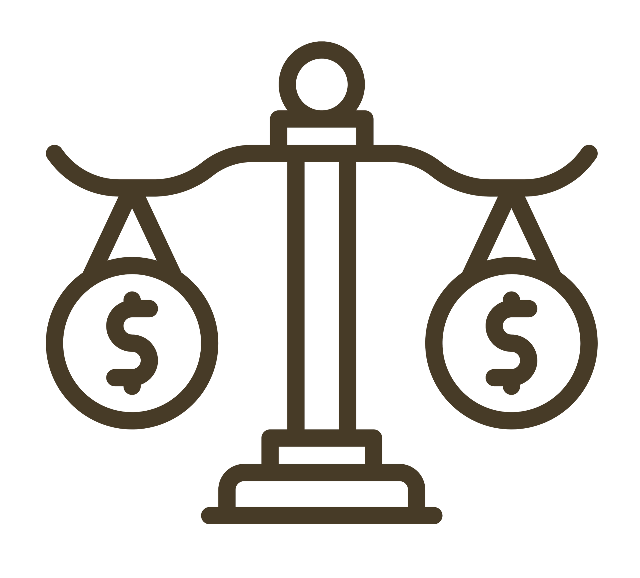 Illustration of the scales of justice with dollar signs in the balance pans, representing legal and financial fairness.