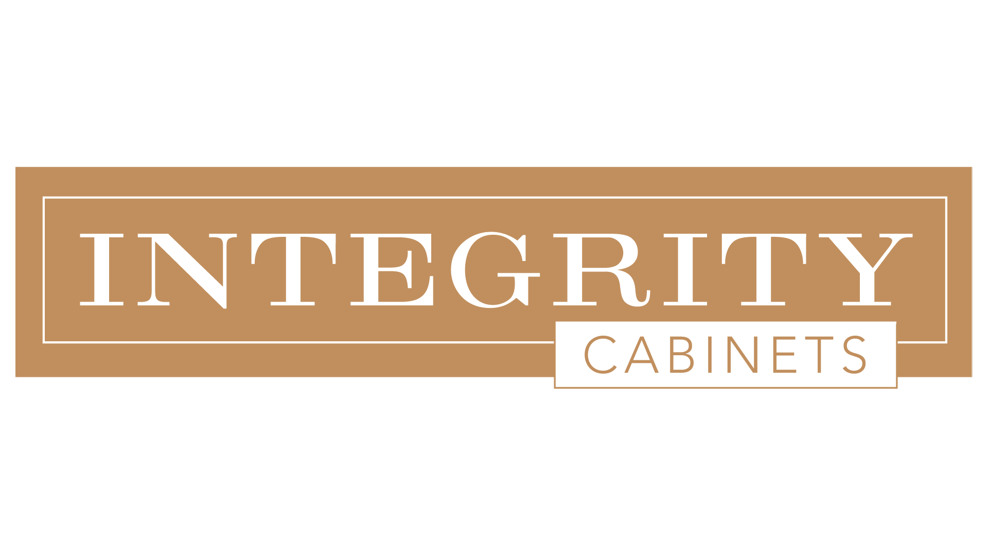 Logo for Integrity Cabinets with a brown background, white and brown text, and a simple rectangular design.