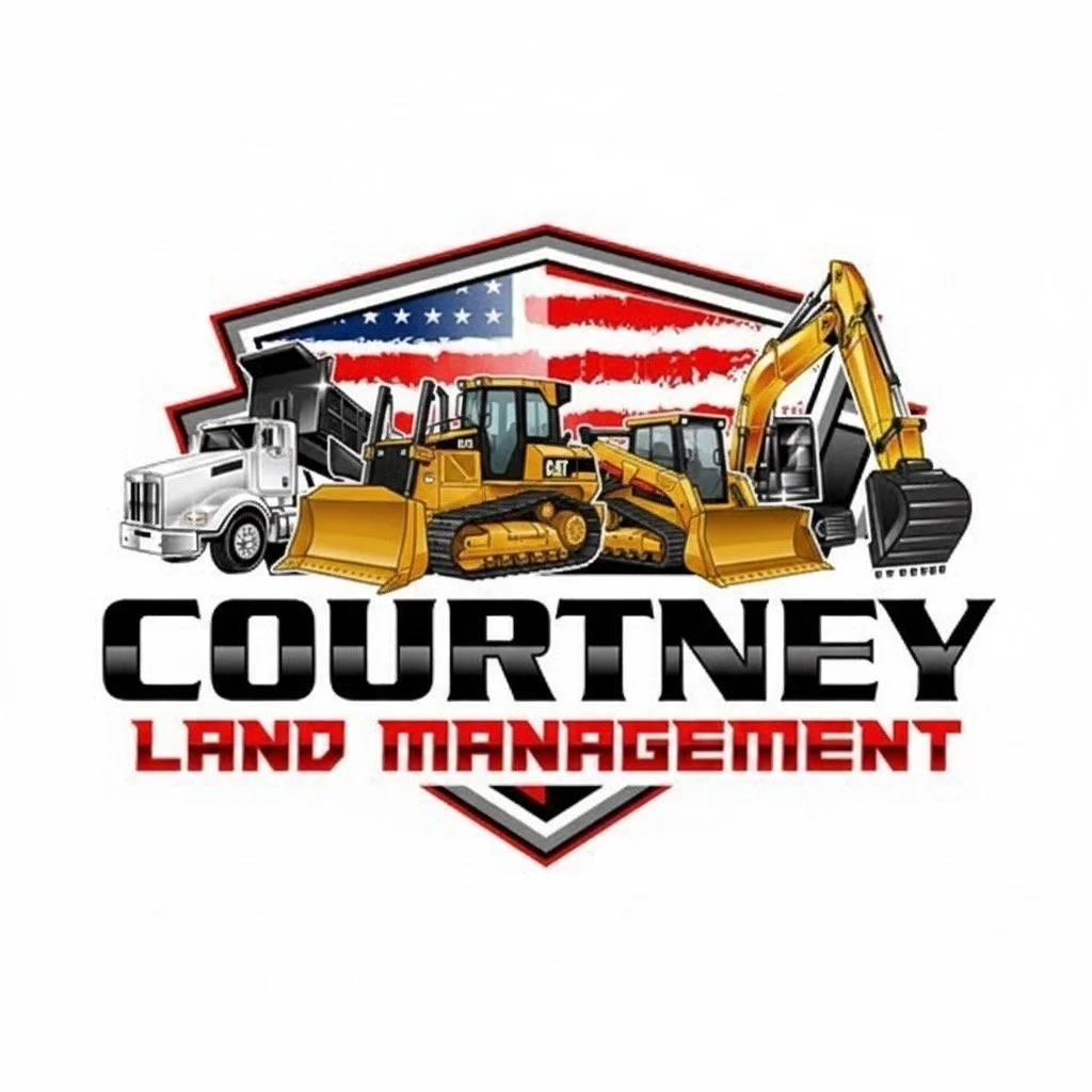 Logo for Courtney Land Management featuring construction equipment like bulldozers, excavators, and trucks with an American flag in the background.