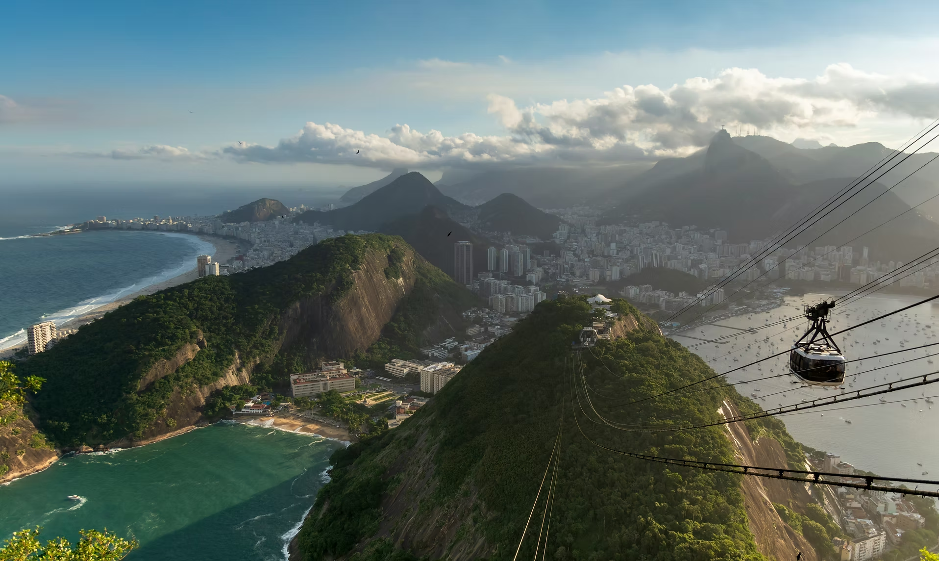 Vue panoramique de Rio de Janeiro avec les montagnes, la mer, la ville, et le téléphérique traversant la montagne.