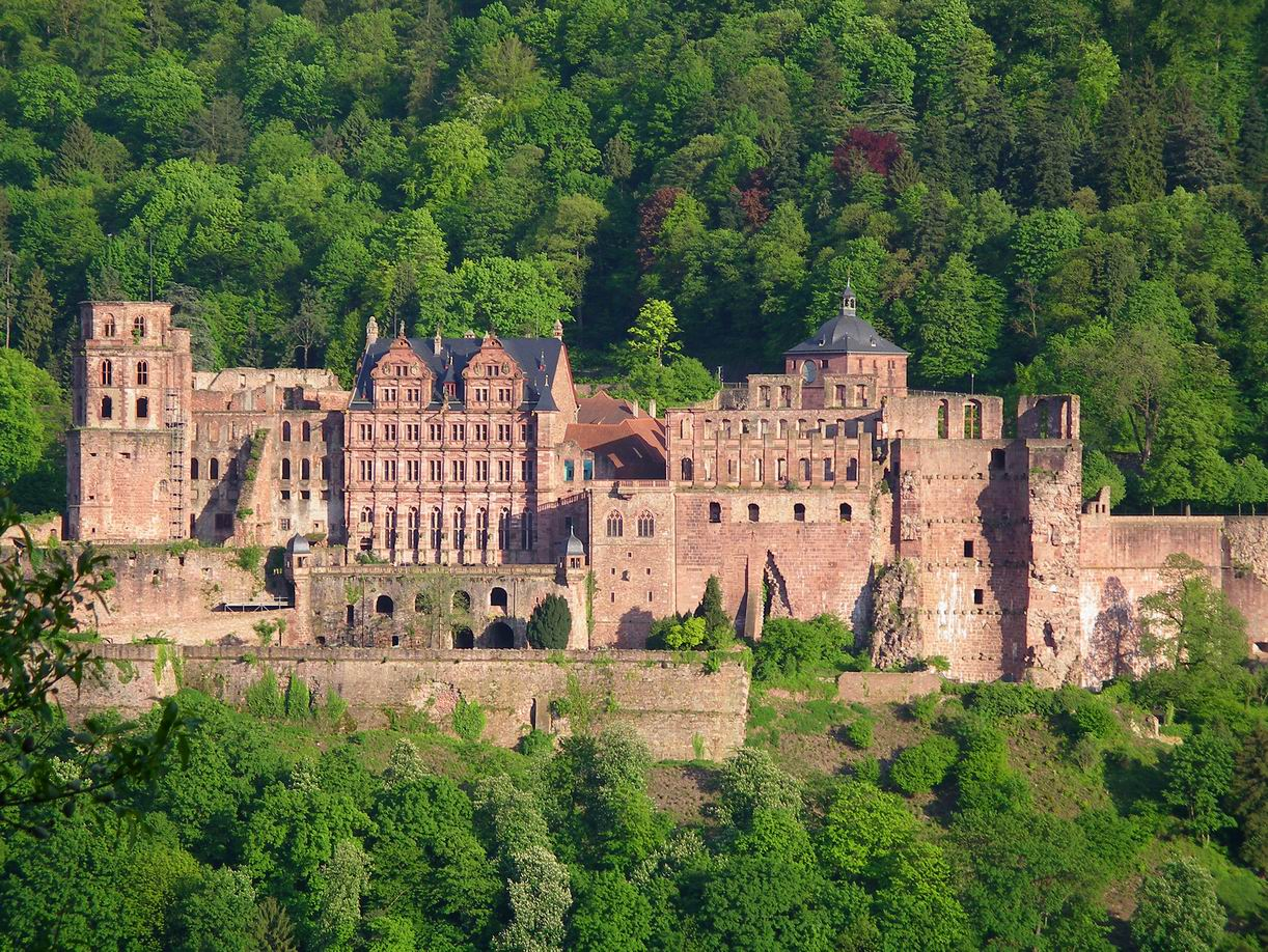 Un château avec des murs en pierre dans un environnement forestier verdoyant.