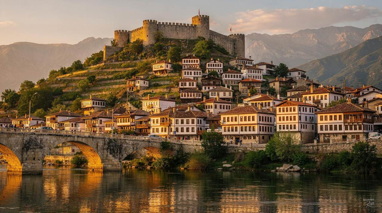 Château médiéval sur une colline avec maisons en terrasses en contrebas et un pont en pierre au bord d'une rivière au coucher du soleil.