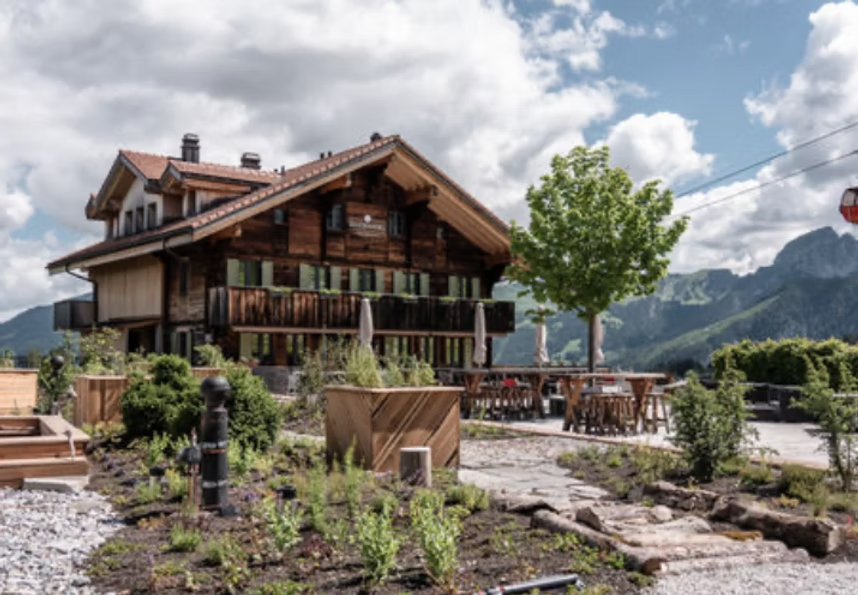 Une maison en bois dans un paysage montagnard avec une terrasse, des tables, des chaises, des plantes et un arbre, sous un ciel partiellement nuageux.