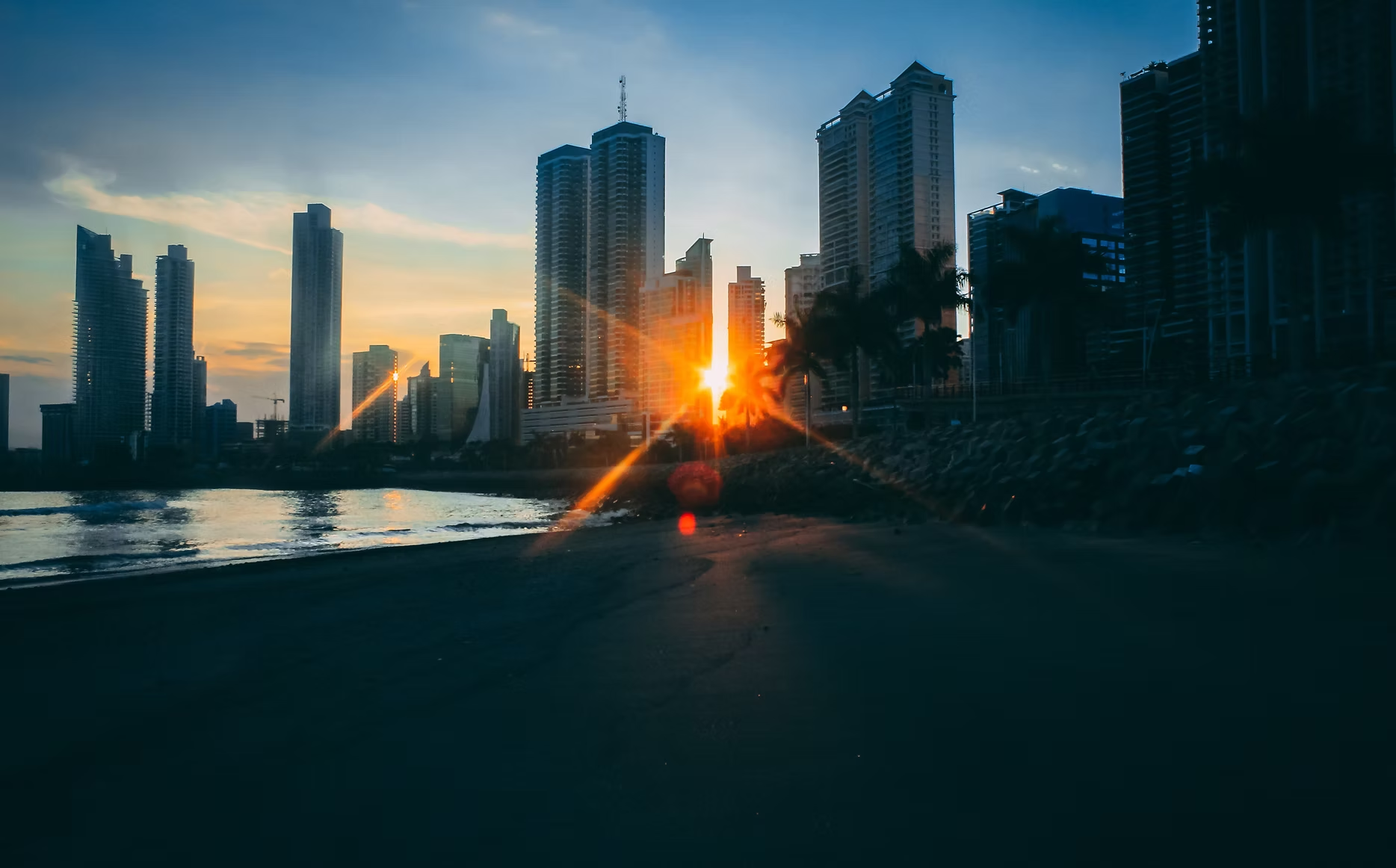 Vue d'une ville moderne avec des gratte-ciel au coucher du soleil, reflet sur l'eau et palmiers au premier plan.