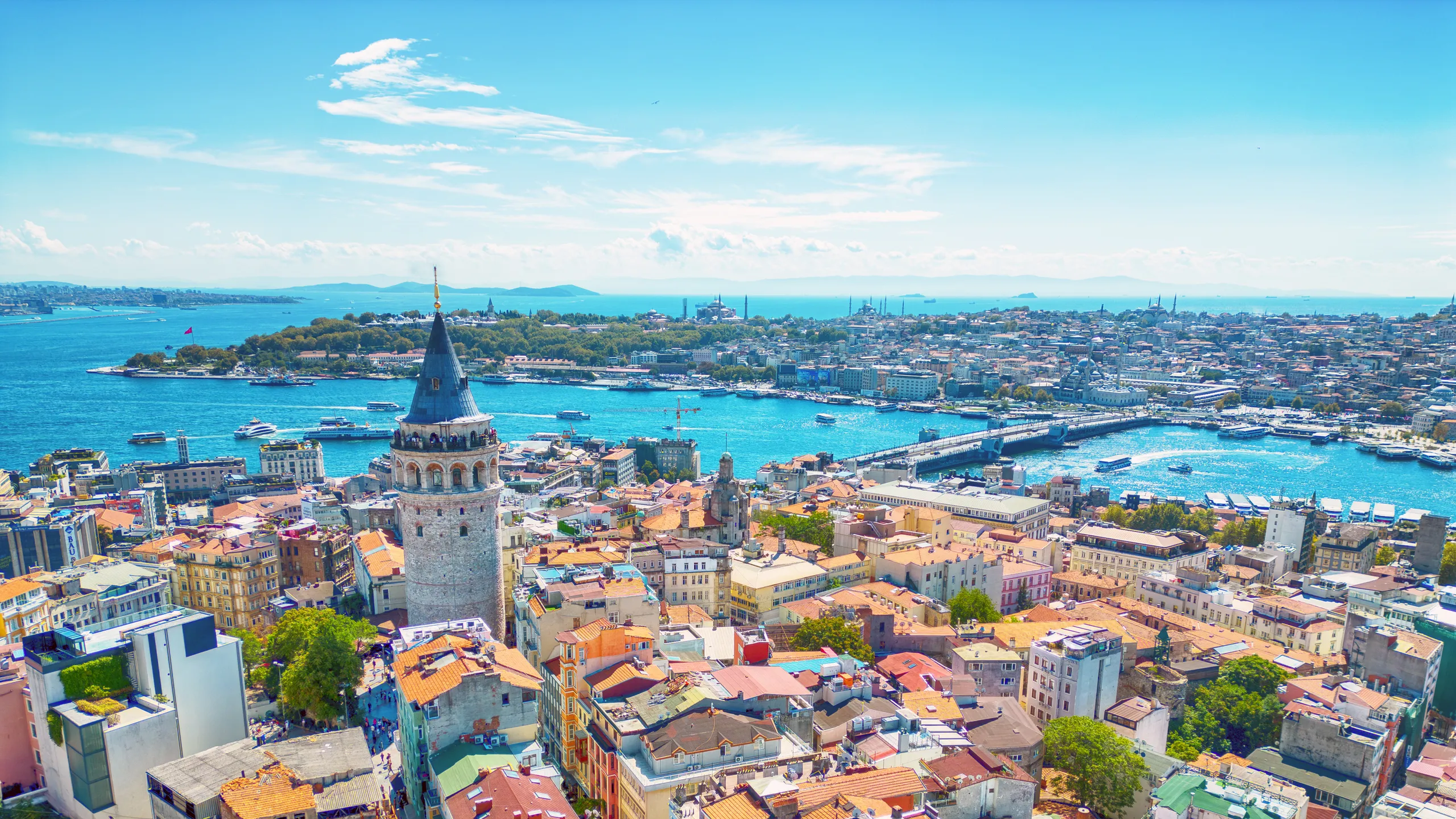 Vue panoramique de Istanbul avec la Tour de Galata au premier plan et le Bosphore sous un ciel bleu.