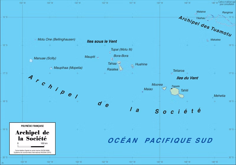 Carte de l'archipel de la société en Polynésie françaises, montrant diverses îles comme Tahaa, Raiatea, Huahine, Tahiti, Moorea, et Bora Bora, dans l'océan Pacifique Sud.