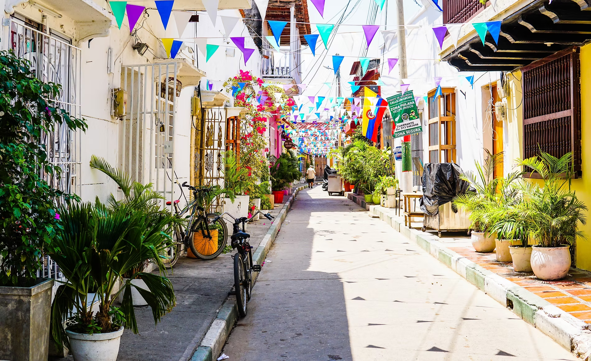 Rue colorée avec des décorations triangulaires suspendues, plantes en pots et vélos, dans une ambiance festive et ensoleillée.