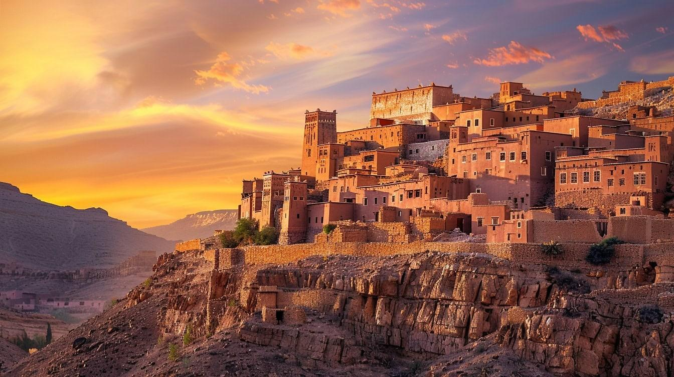 Une ville ancienne perchée sur une colline à l'aube avec un ciel coloré, construite en adobe ou en pierre, avec des bâtiments en terrasses.
